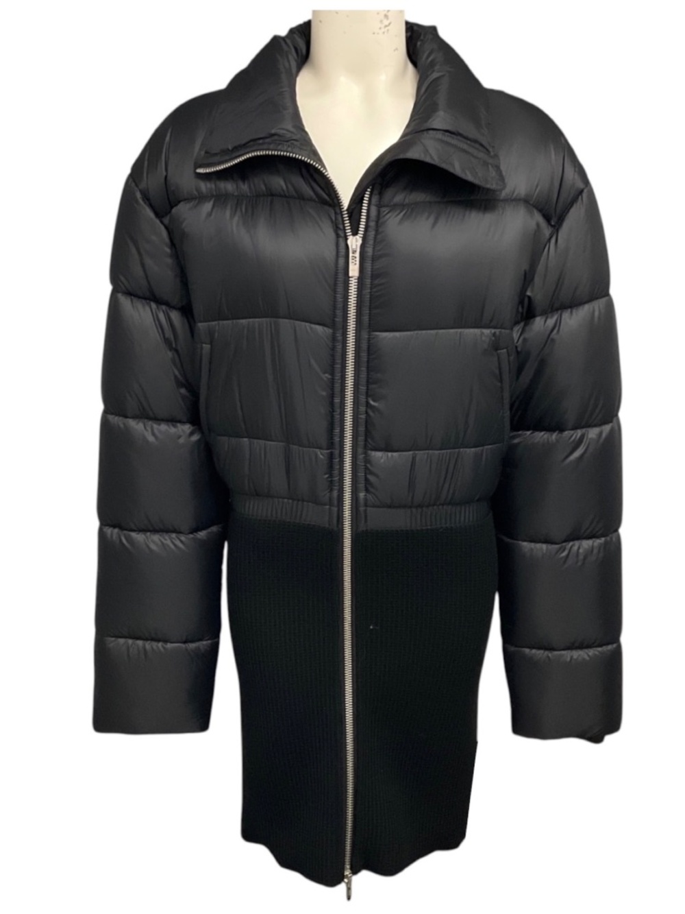 ALAIA BLACK NYLON AND RIBBED KNIT ZIP FRONT PUFFER COAT